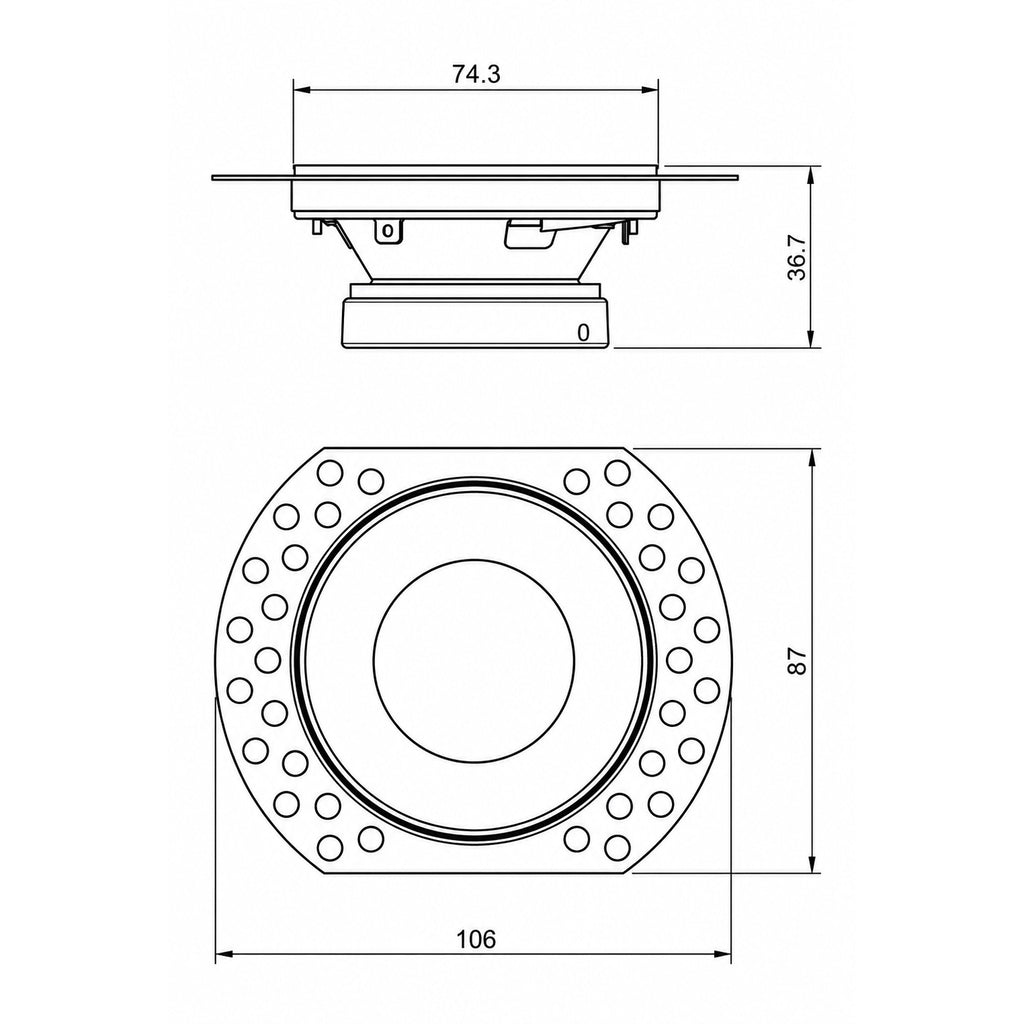 Kanto fixed downlight dimensions — 106mm plaster flange, 74.3mm face, 36.7mm depth