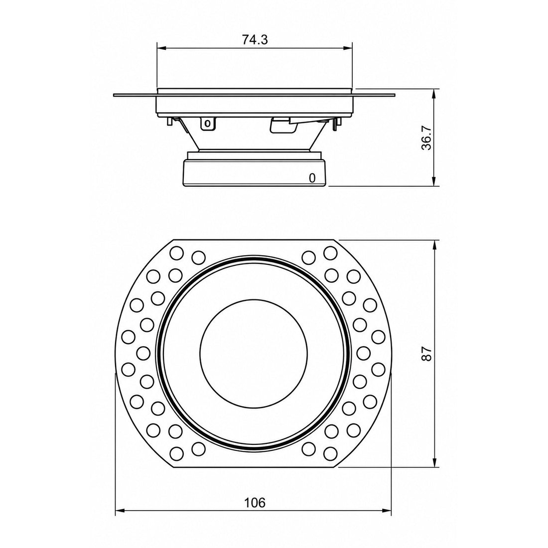 Kanto fixed downlight dimensions — 106mm plaster flange, 74.3mm face, 36.7mm depth
