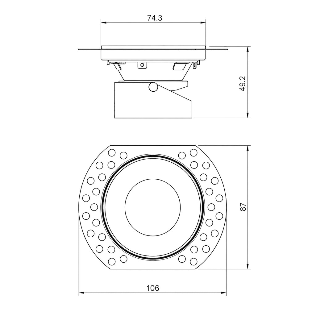 Kanto white tiltable downlight dimensions — 106mm flange, 74.3mm face, 49.2mm depth