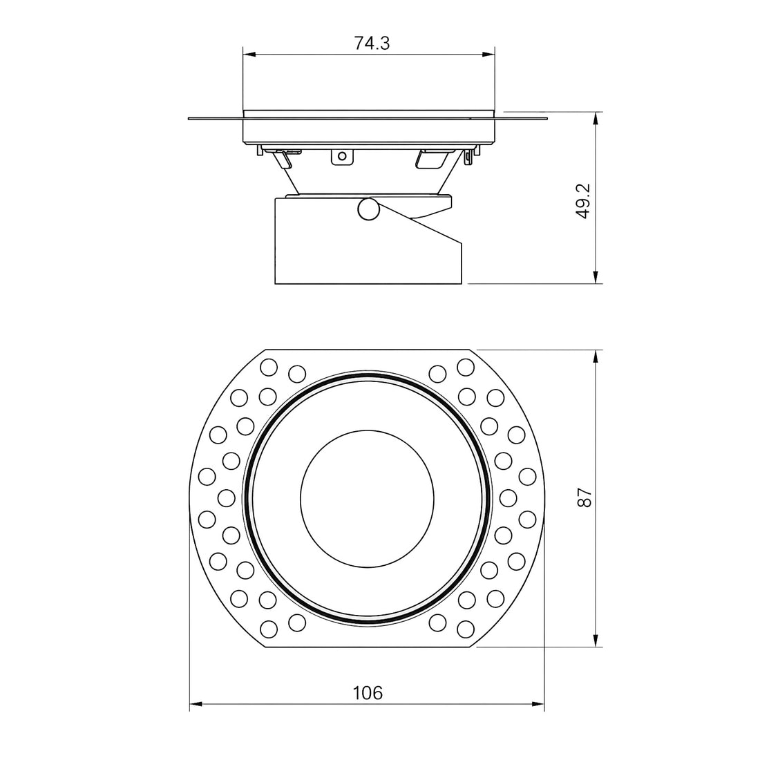 Dimensions for Kanto Mini Trimless Plaster-In Downlight — Matt White