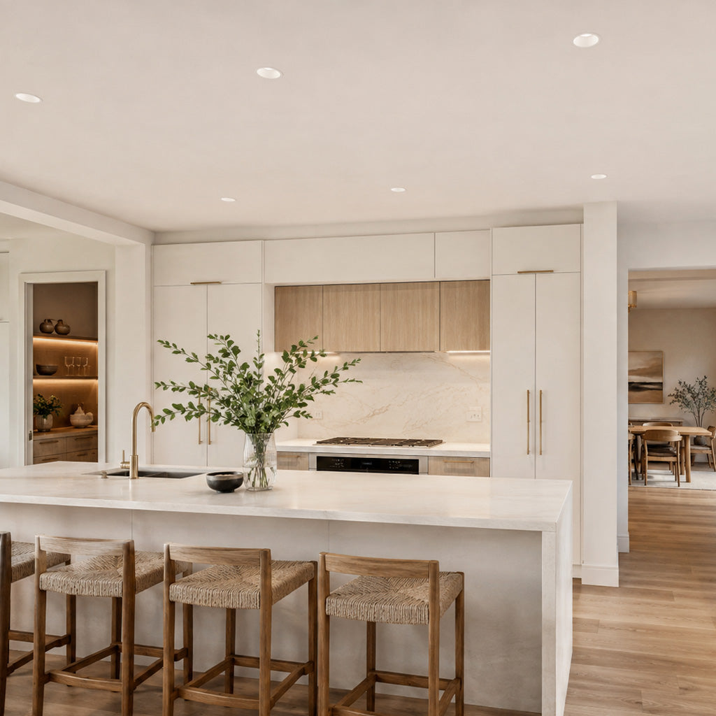 White fixed trimless downlights lighting a bright handleless kitchen with island seating