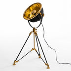 Valen black and brass tripod table lamp with gold reflector, on white