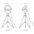 Valen tripod table lamp dimensions drawing: 360mm dish, front and side elevations