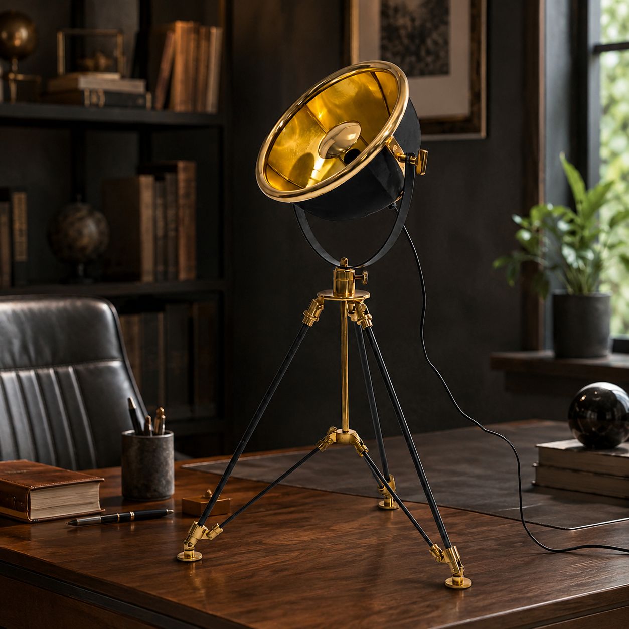 Valen black and brass tripod lamp on a study desk with leather chair