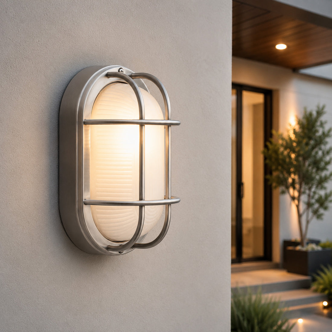 How Vardo Outdoor Bulkhead Wall Light — Glass, Polished Steel lights a room