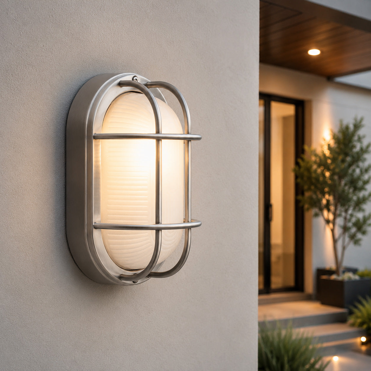 Vardo Outdoor Bulkhead Wall Light — Glass, Polished Steel