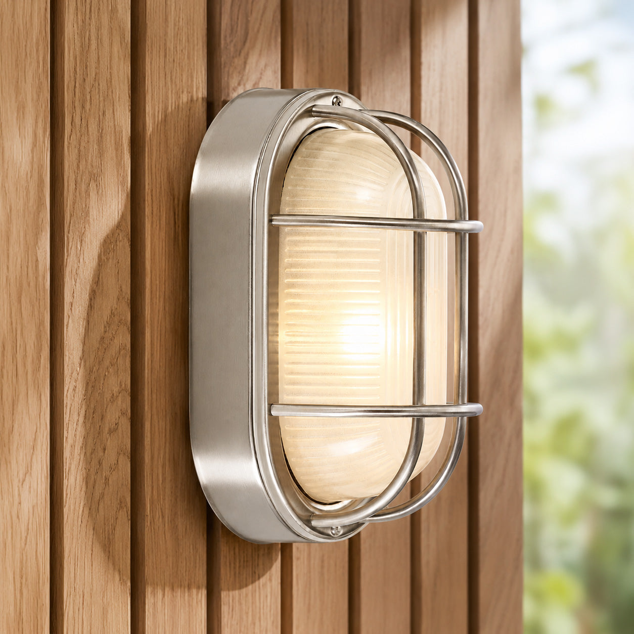 Vardo Outdoor Bulkhead Wall Light — Glass, Polished Steel