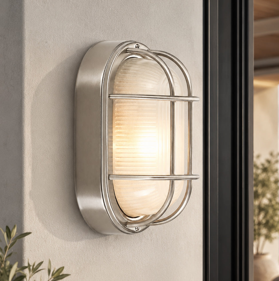 Vardo Outdoor Bulkhead Wall Light — Glass, Polished Steel