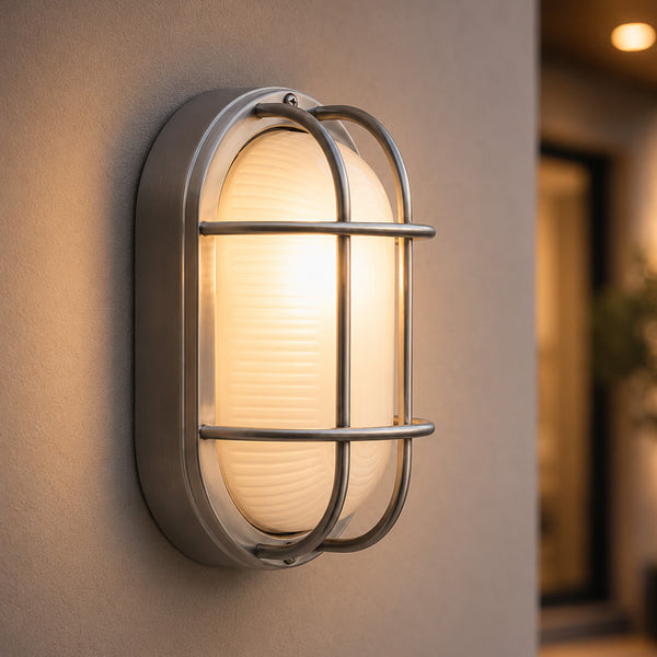 Vardo Outdoor Bulkhead Wall Light — Glass, Polished Steel