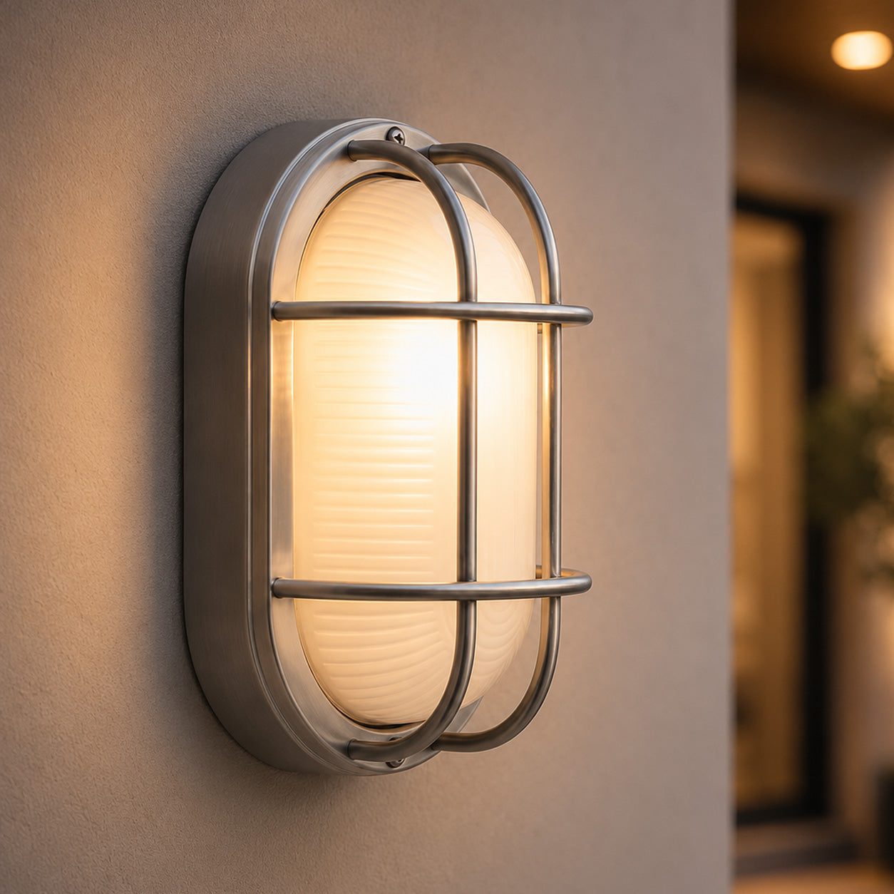 Vardo Outdoor Bulkhead Wall Light — Glass, Polished Steel