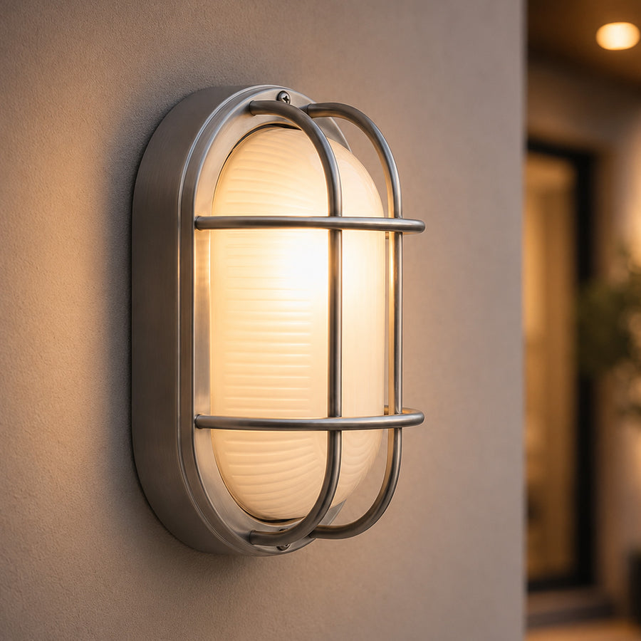 Vardo Outdoor Bulkhead Wall Light — Glass, Polished Steel