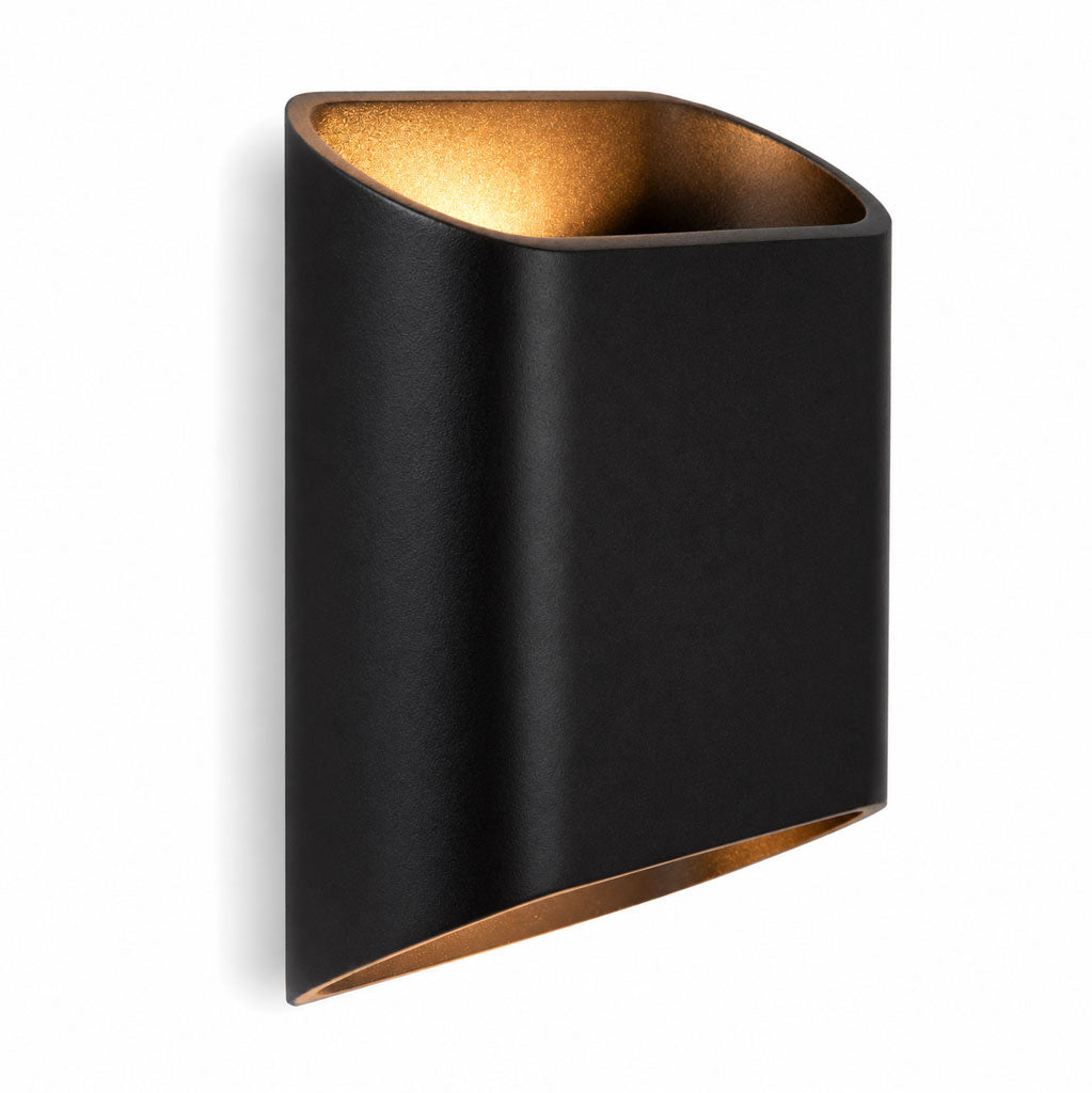 Angled view of the Varna matt black wall light showing its curved aluminium body