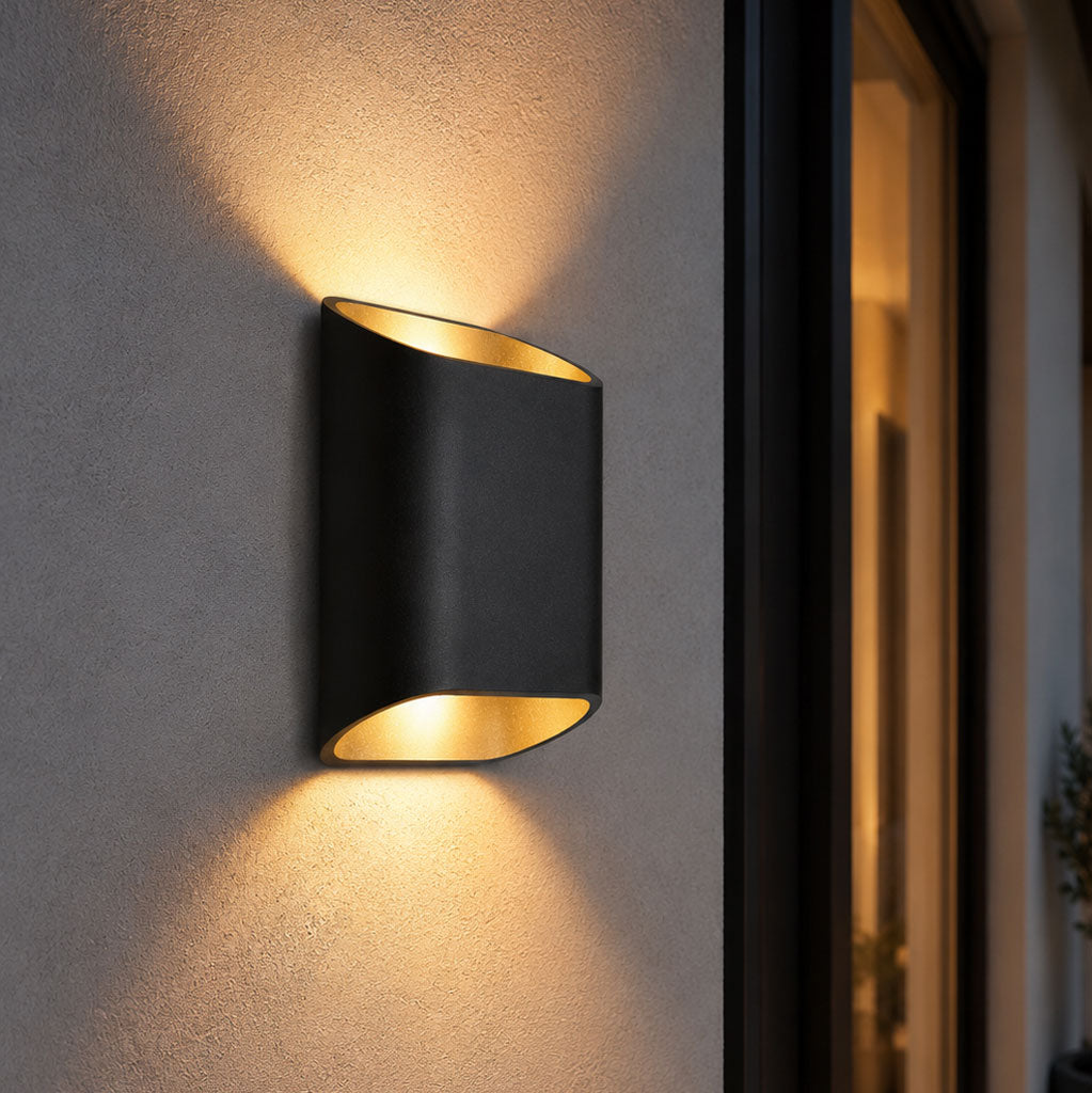 How Varna Modern Up/Down Outdoor LED Wall Light — Aluminium, Matt Black lights a room
