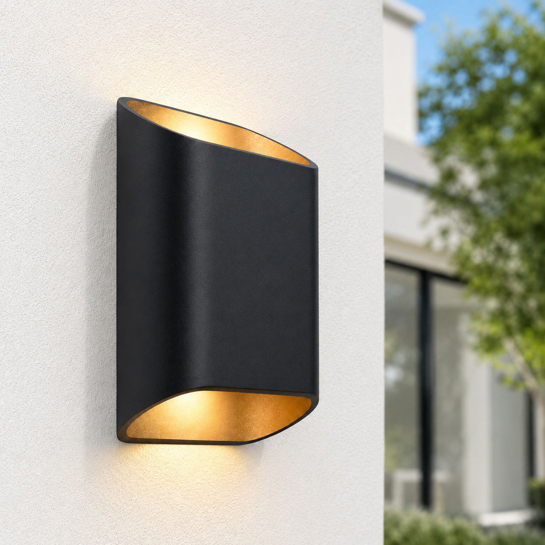 Varna outdoor wall light lit beside glazed doors on a contemporary house