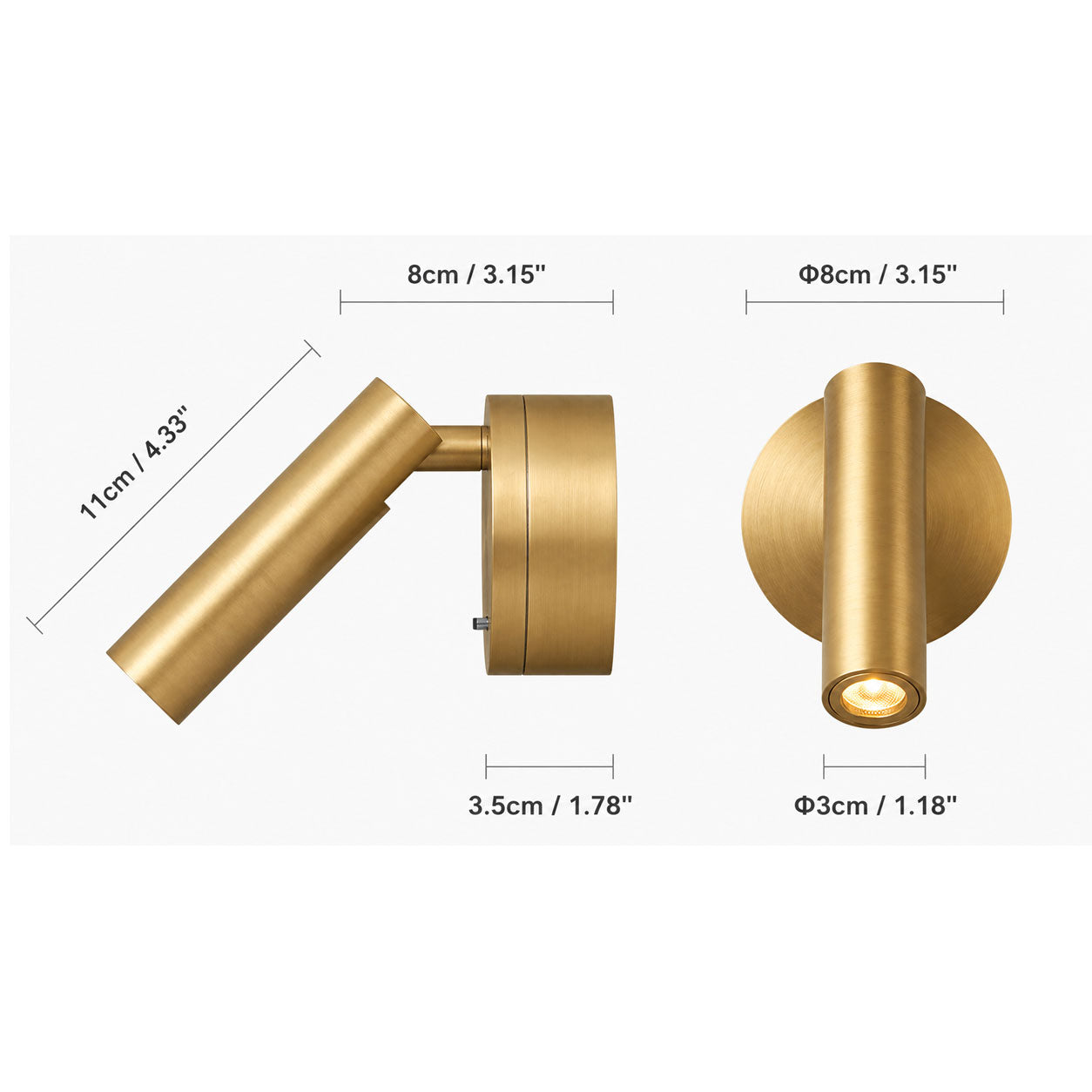 Vega Rotatable 320°  LED Reading Wall Light — Aluminum, Brass dimensions