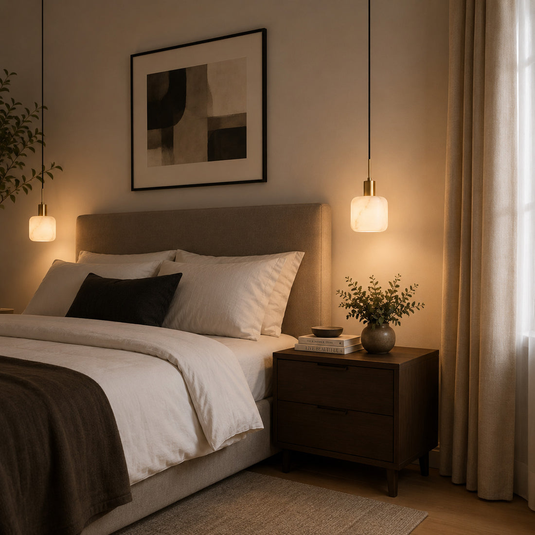 How Vela Alabaster Pendant Light — Satin Brass lights a room