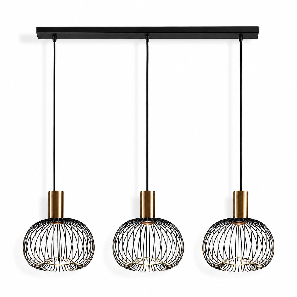 Velia 3-light black cage pendant with gold lampholders, front view on white