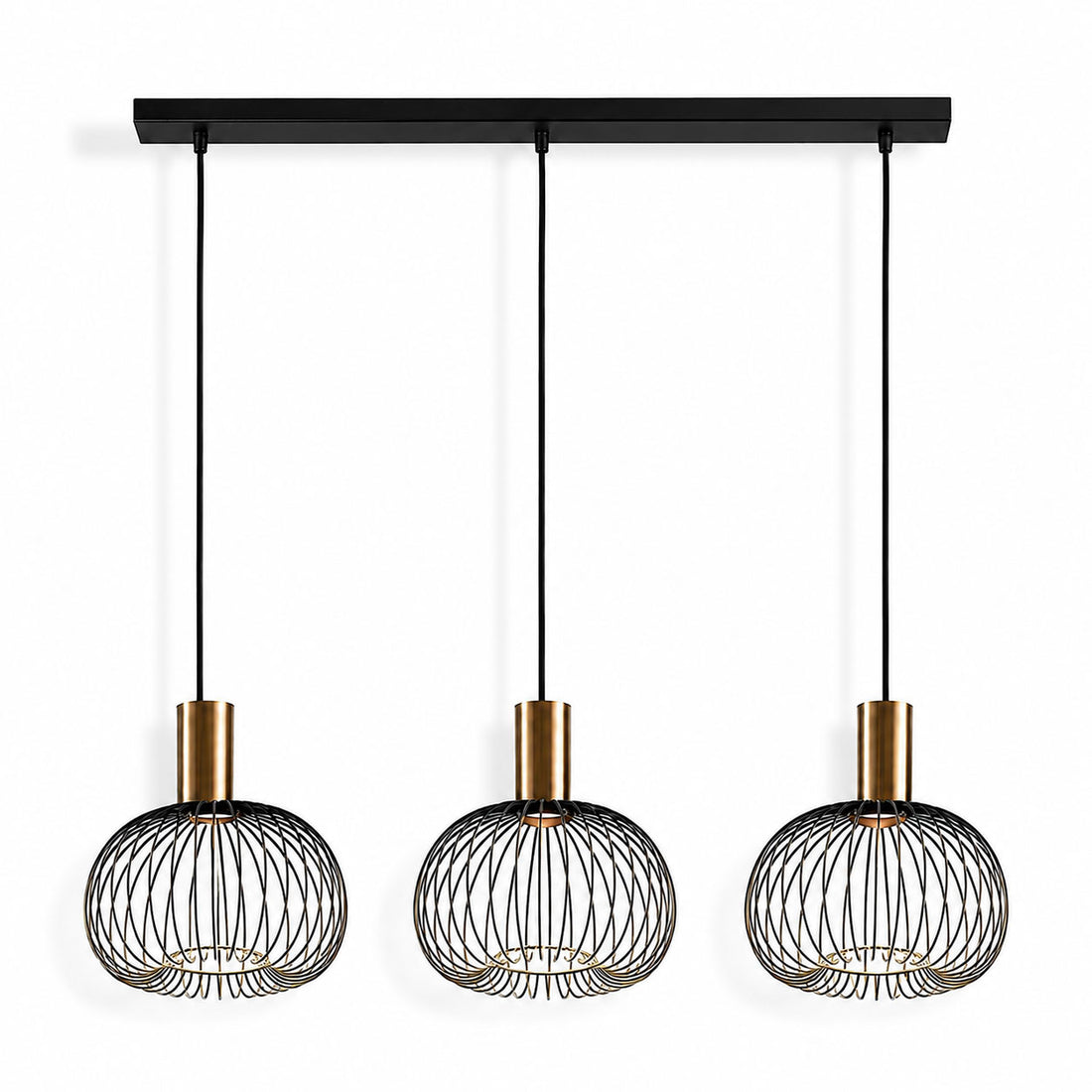 Velia 3-light black cage pendant with gold lampholders, front view on white