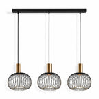 Velia 3-light black cage pendant with gold lampholders, front view on white