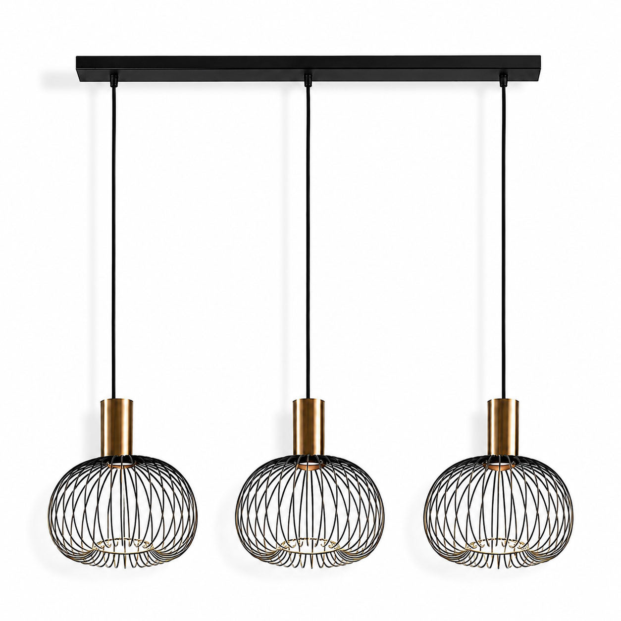 Velia 3-light black cage pendant with gold lampholders, front view on white