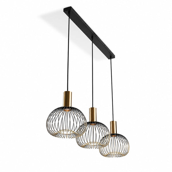 Velia 3-light black and gold cage pendant on a linear bar, angled view on white