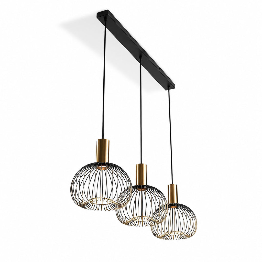 Velia 3-light black and gold cage pendant on a linear bar, angled view on white