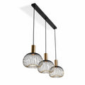 Velia 3-light black and gold cage pendant on a linear bar, angled view on white