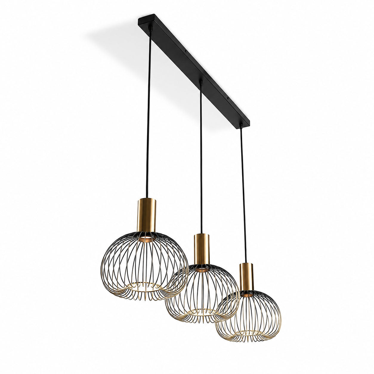 Velia 3-light black and gold cage pendant on a linear bar, angled view on white