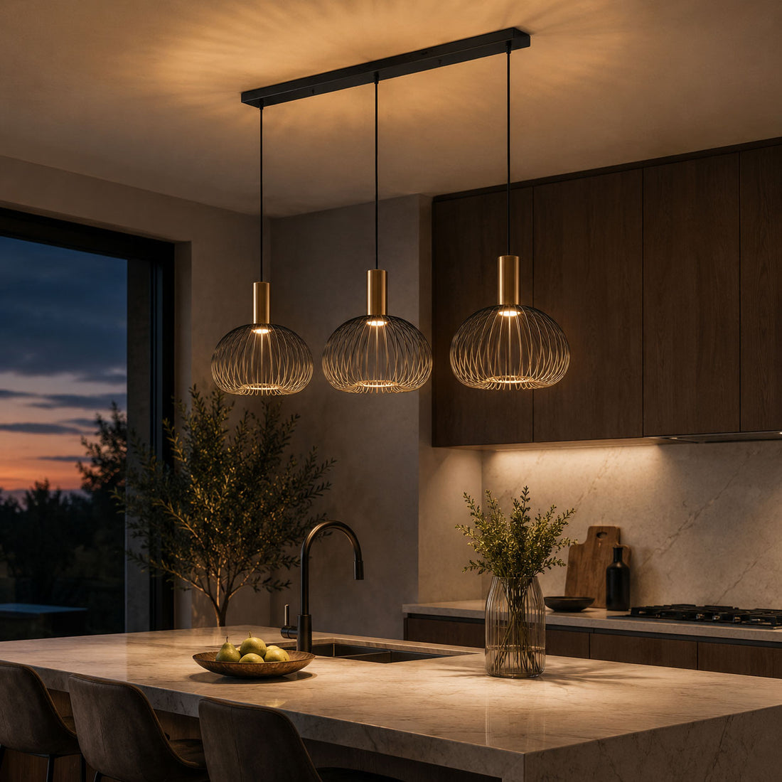 How Velia 3-Light Cage Pendant Light — Black and Gold lights a room
