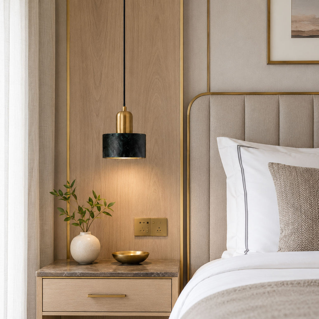 Verano Cylindrical Pendant Light — Marble Green / Brass