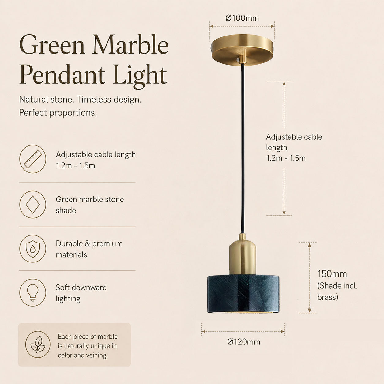 Verano Cylindrical Pendant Light — Marble Green / Brass