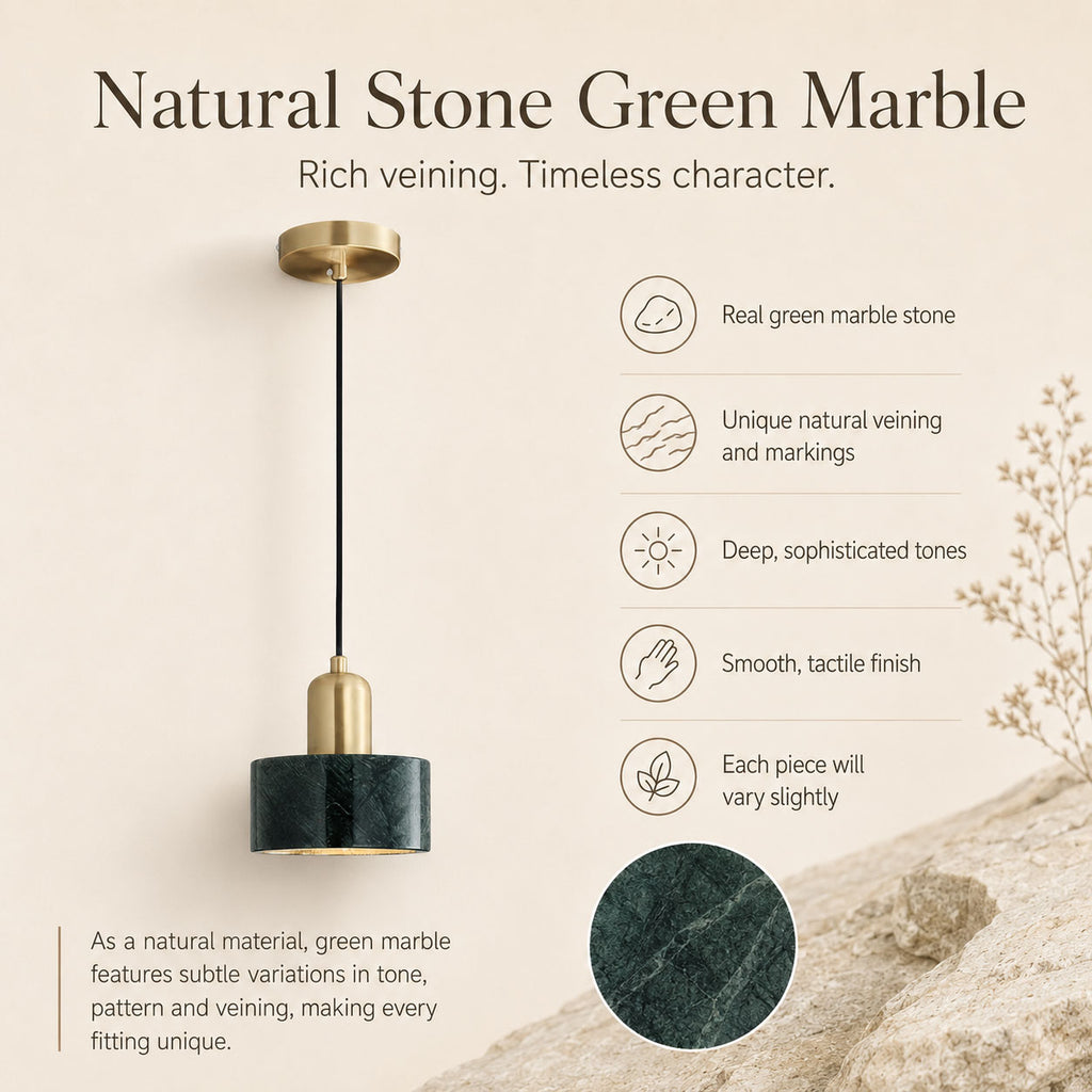 Verano Cylindrical Pendant Light — Marble Green / Brass