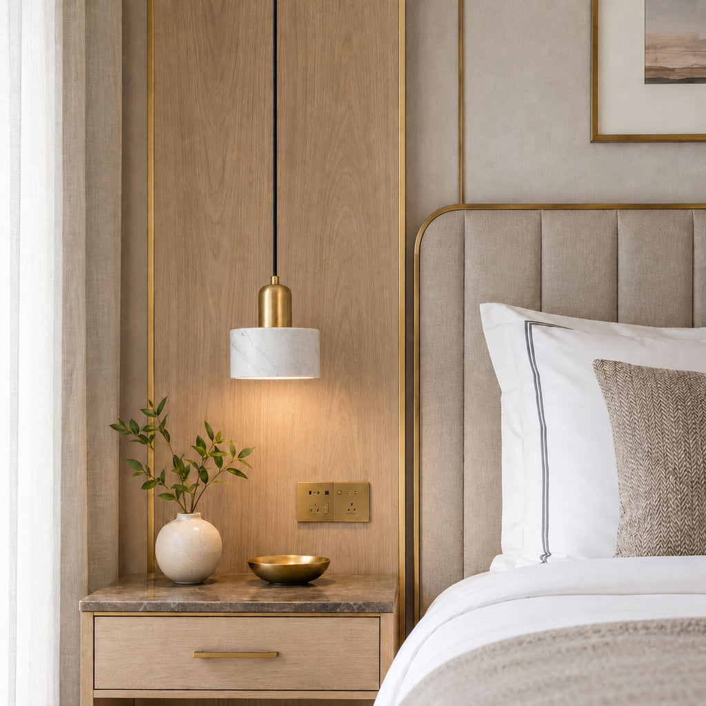 Verano Cylindrical Pendant Light — Marble White / Brass