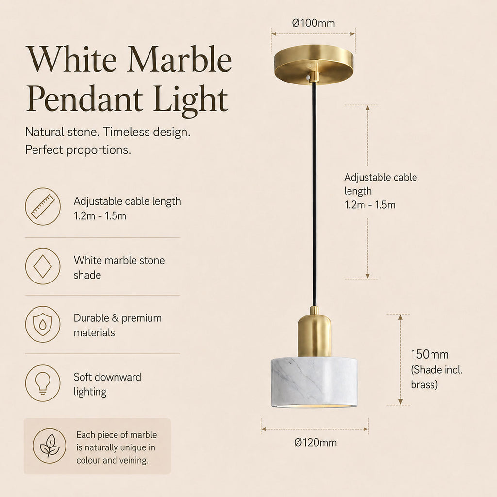 Verano Cylindrical Pendant Light — Marble White / Brass