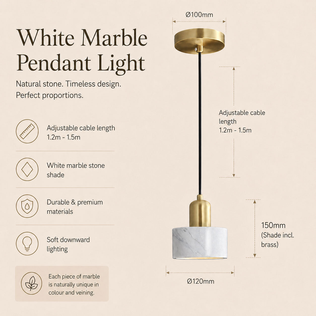 Verano Cylindrical Pendant Light — Marble White / Brass dimensions