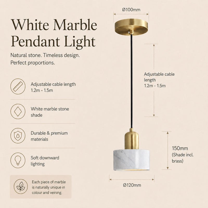 Verano Cylindrical Pendant Light — Marble White / Brass dimensions
