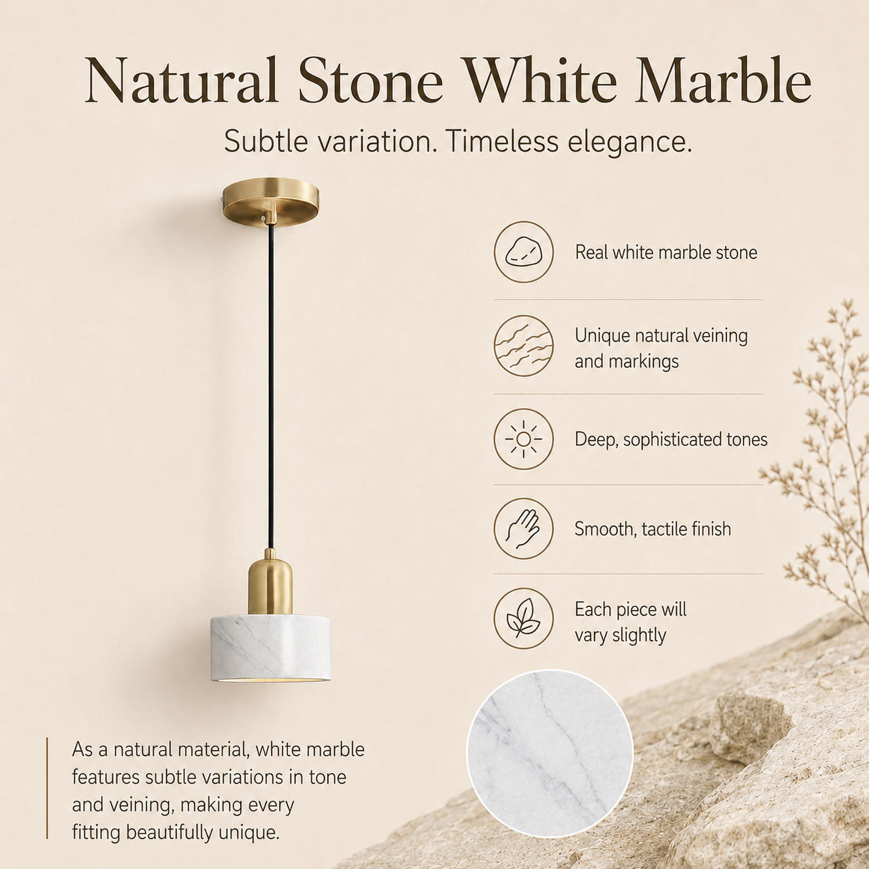 Verano Cylindrical Pendant Light — Marble White / Brass