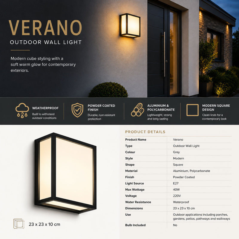 Verano Modern Outdoor Wall Light — Metal, Anthracite Grey dimensions