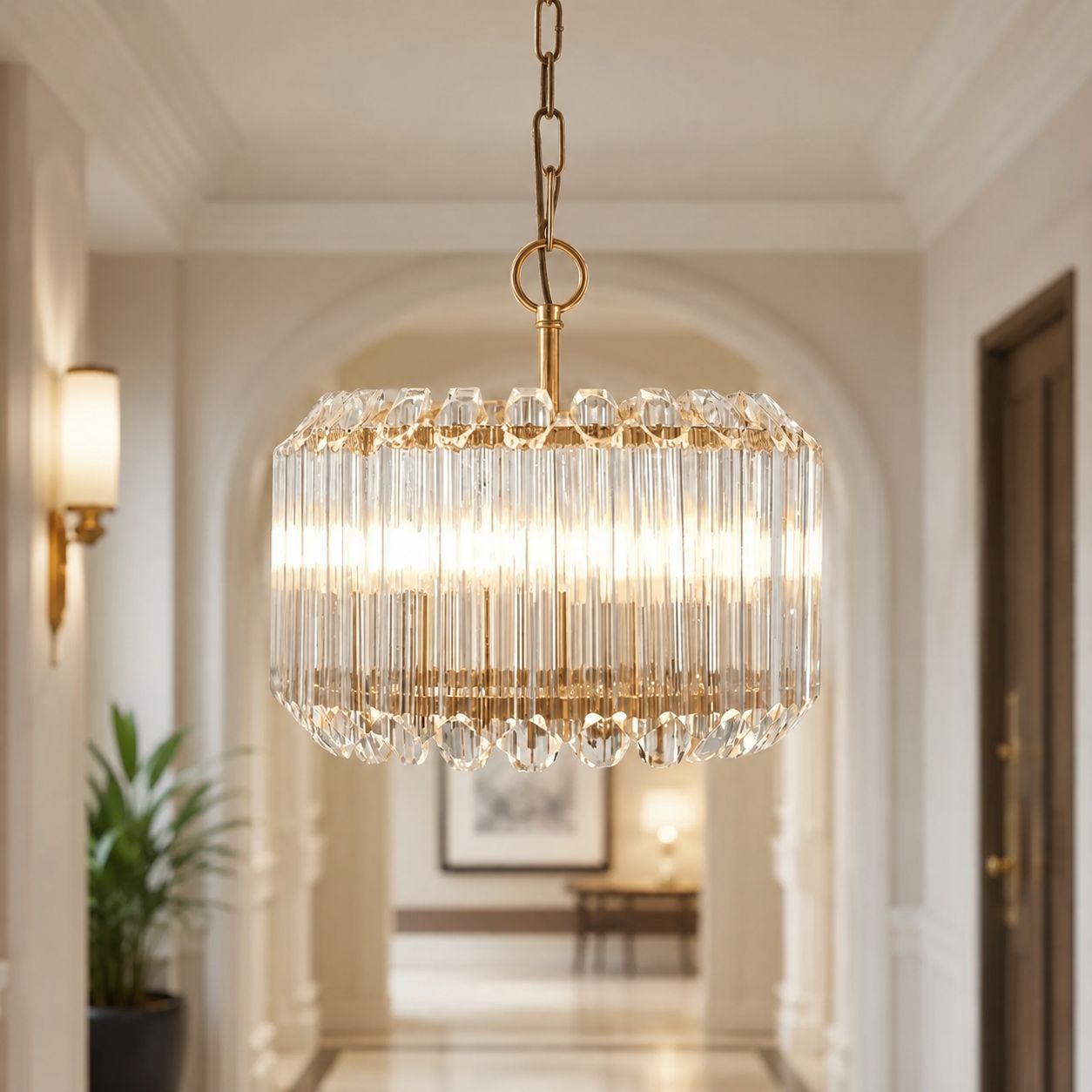 Veyra gold crystal glass drum pendant on a chain, lit in a hallway