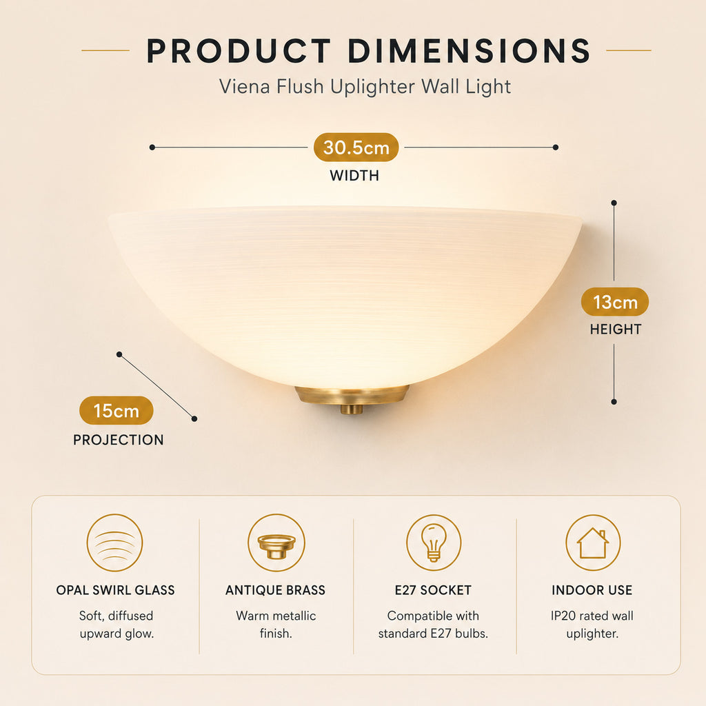 Viena Flush Uplighter Wall Light — Glass, Antique Brass