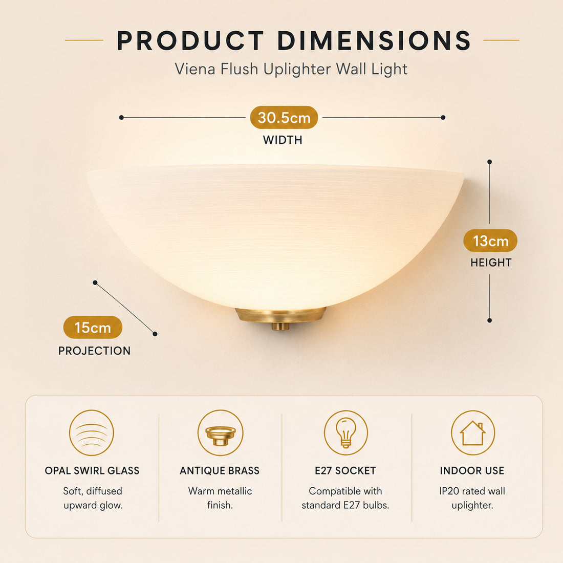 Dimensions for Viena Flush Uplighter Wall Light — Glass, Antique Brass