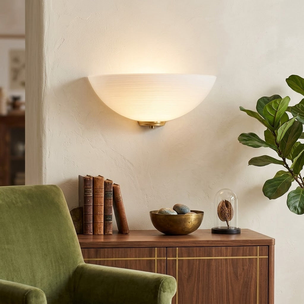 How Viena Flush Uplighter Wall Light — Glass, Antique Brass lights a room