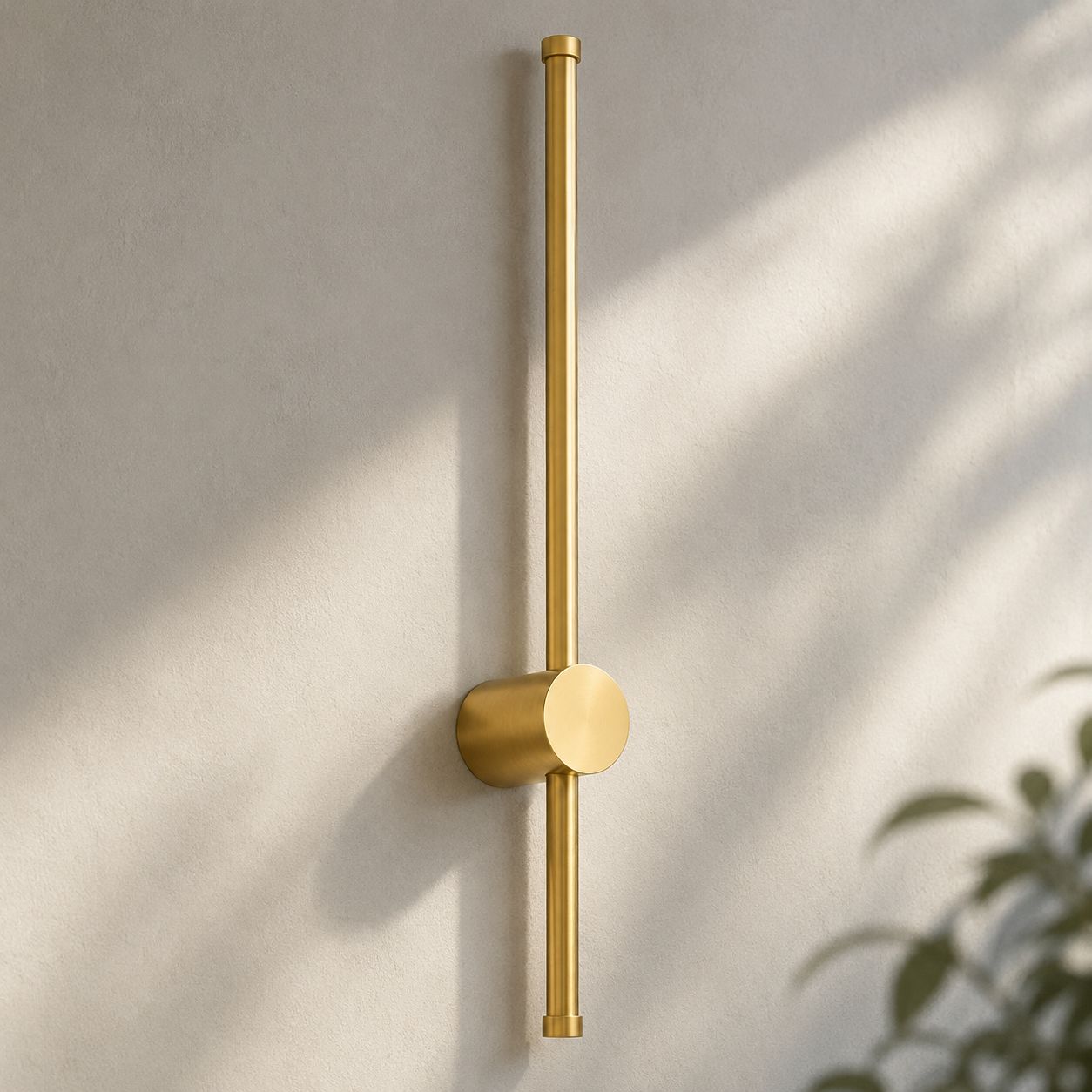 Vireo brushed gold LED stick wall light, close-up of the central mount