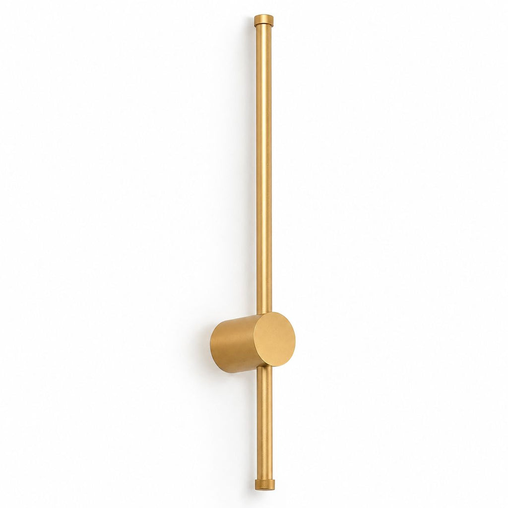 Vireo brushed gold LED stick wall light, front view on white