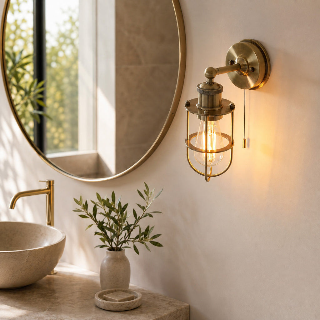 Visby Caged Bathroom Wall Light — Antique Brass, IP44