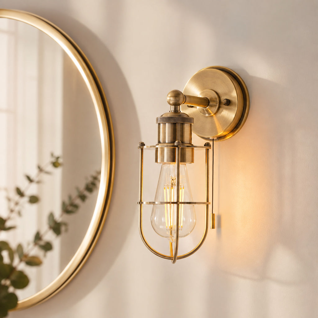 Visby Caged Bathroom Wall Light — Antique Brass, IP44