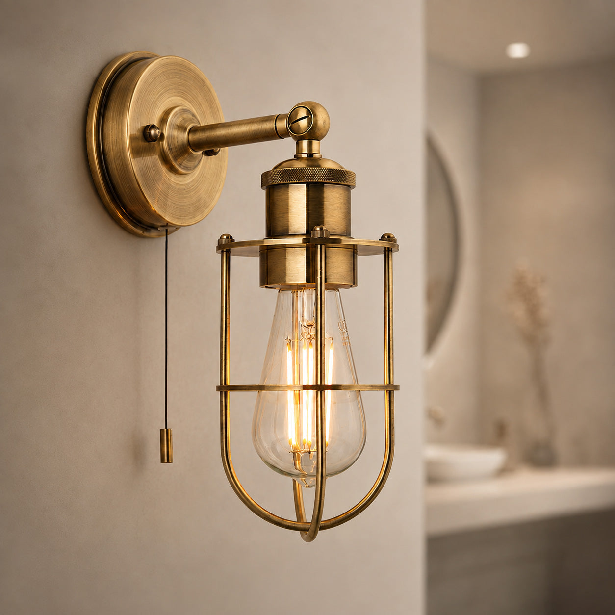 Visby Caged Bathroom Wall Light — Antique Brass, IP44