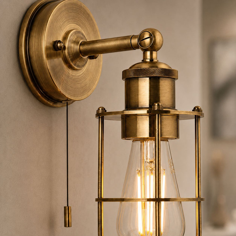 Antique Brass detail on Visby Caged Bathroom Wall Light — Antique Brass, IP44