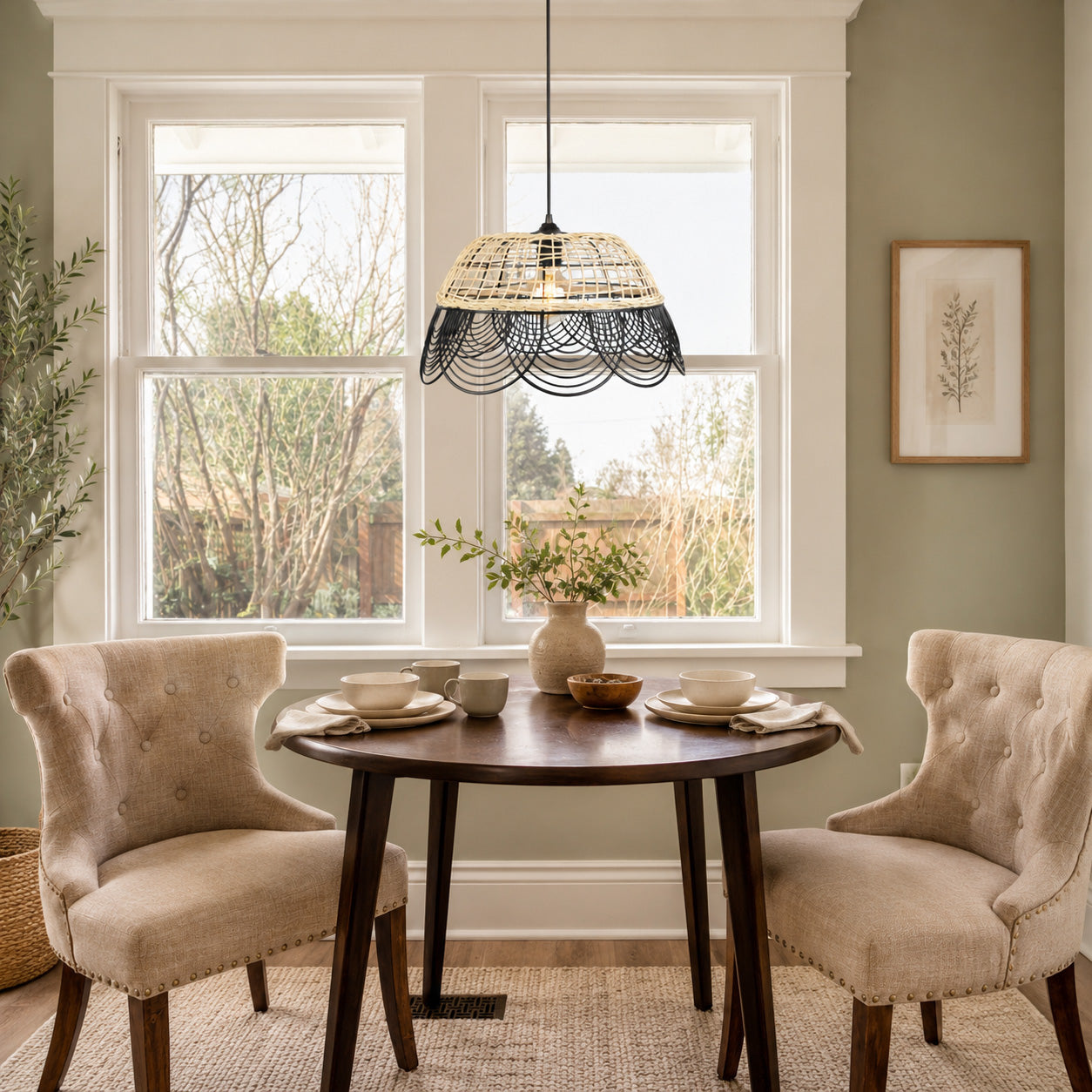 Vitang Rattan & Black Metal Pendant — Two-Tone Petal, 41cm