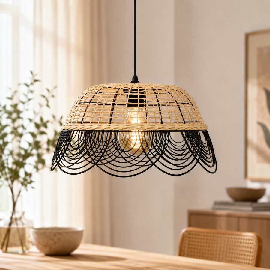 Vitang Rattan & Black Metal Pendant — Two-Tone Petal, 41cm